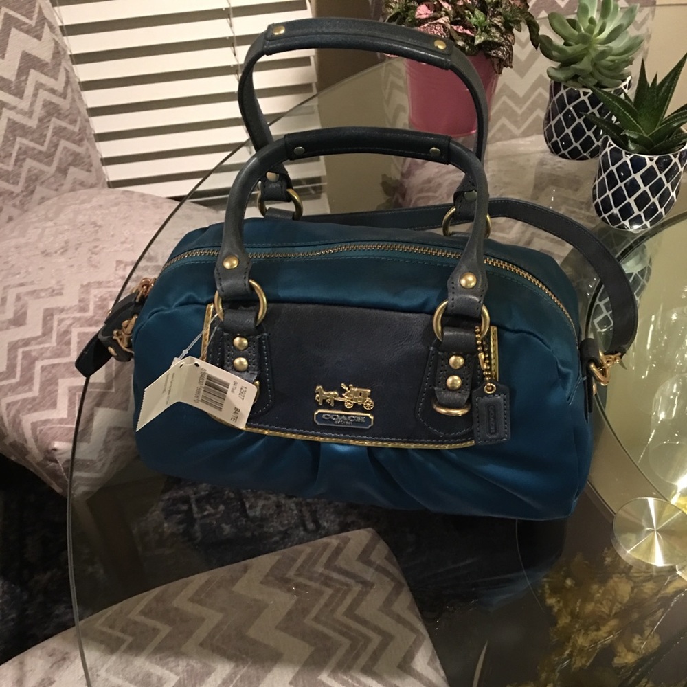 Authentic satin and leather Coach satchel bag